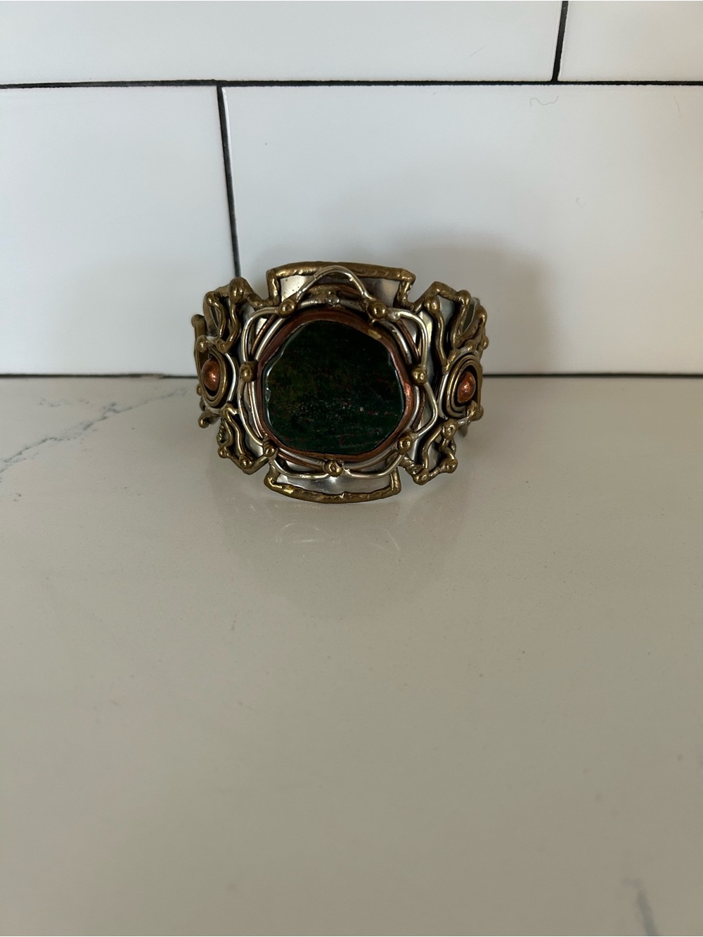 Vintage Mixed Metal Natural Stone Cuff Bracelet Brass Copper Silver Tone